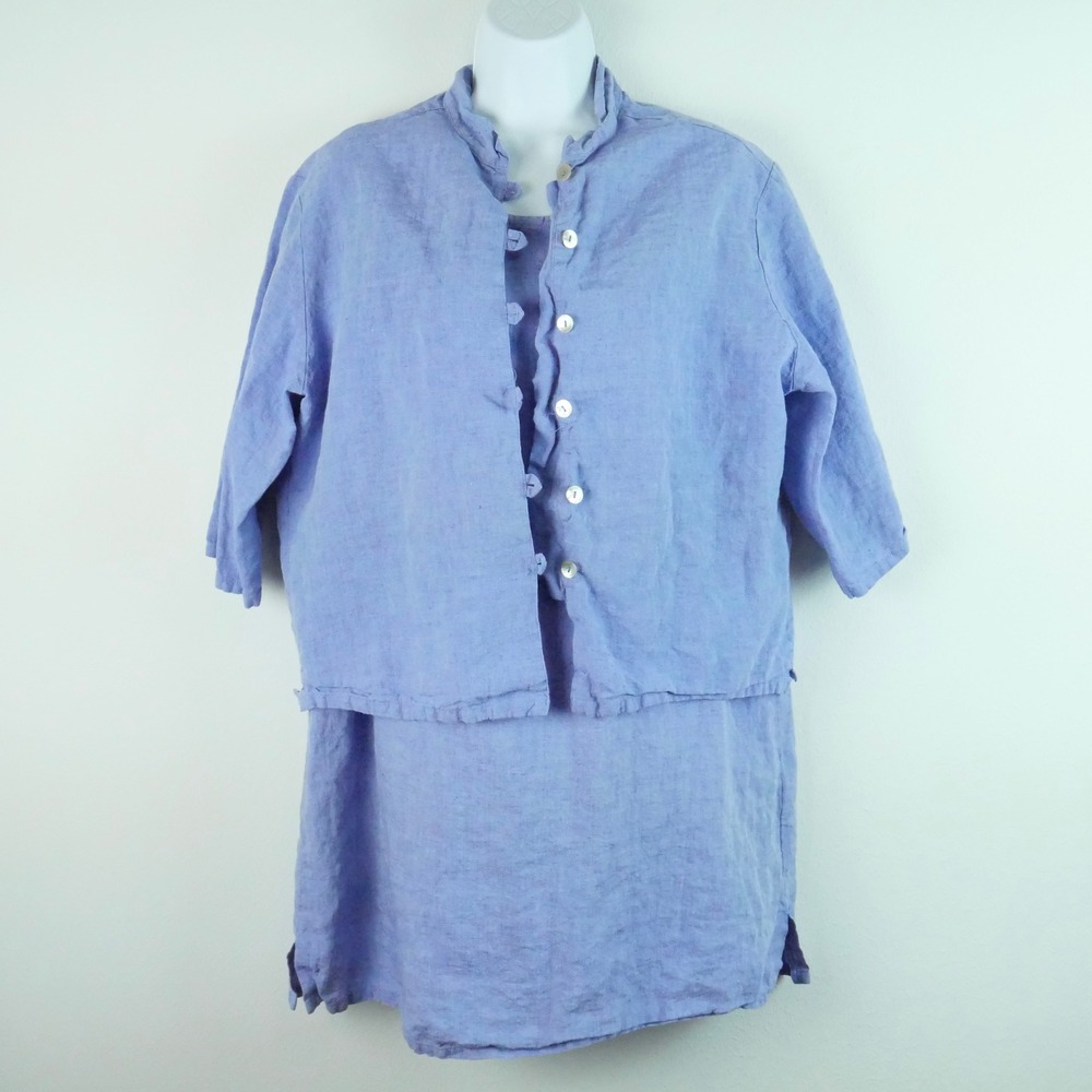 Bryn Walker Blue Linen 2 Piece Set Dress and Jacket Large Minimal Preppy Capsule